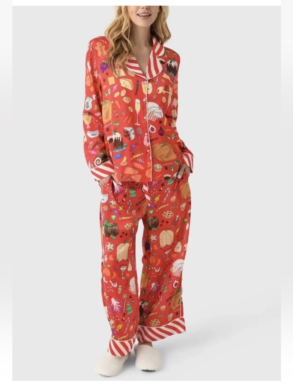 NWT Karen Mabon Holiday Feast Pajama Set Size Large L Long Sleeve Satin PJs $195